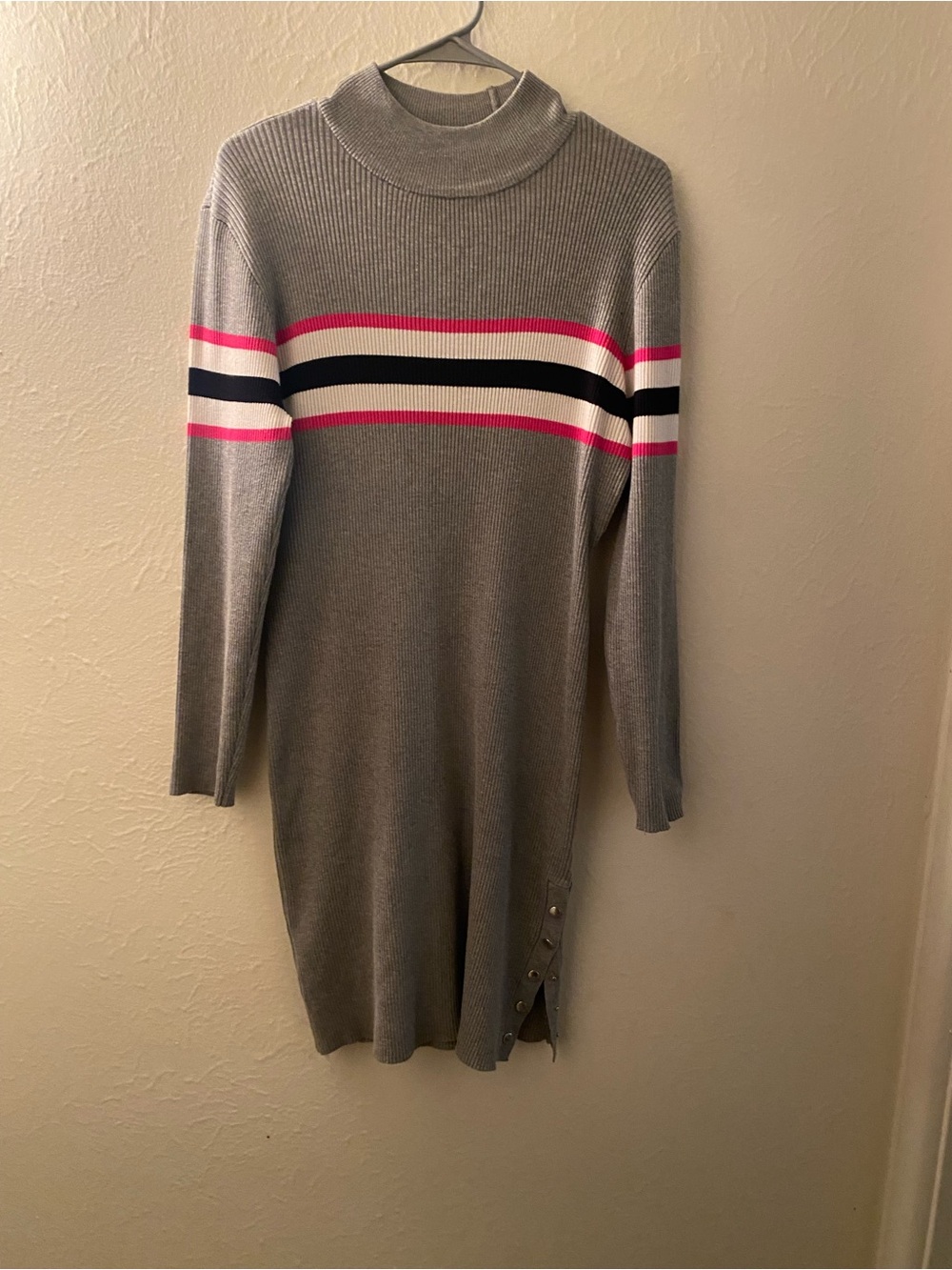 Gray Ribbed Turtleneck Sweater Dress with Pink & Black Stripes